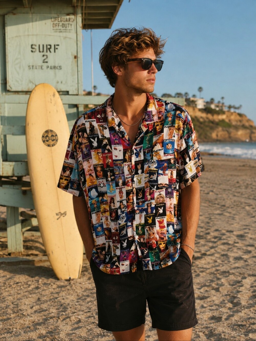 Playboy For Pacsun Magazine Covers Collage Camp Hawaiian Shirt HTF Rare